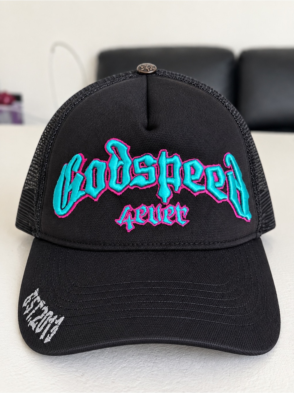 Godspeed 4ever Black Trucker Hat with Teal & Pink Embroidery